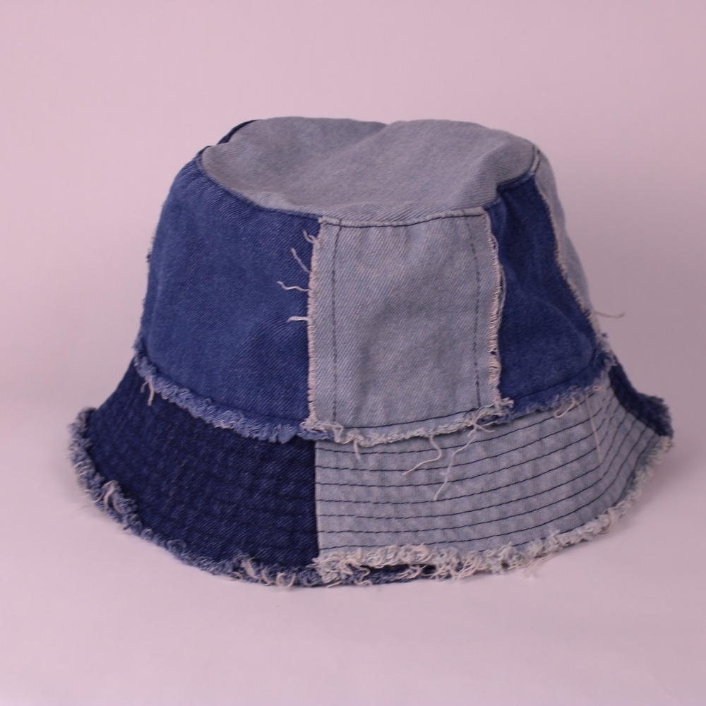0361 Patchwork Denim Bucket Hat (Frayed Edge, Two… - image 2